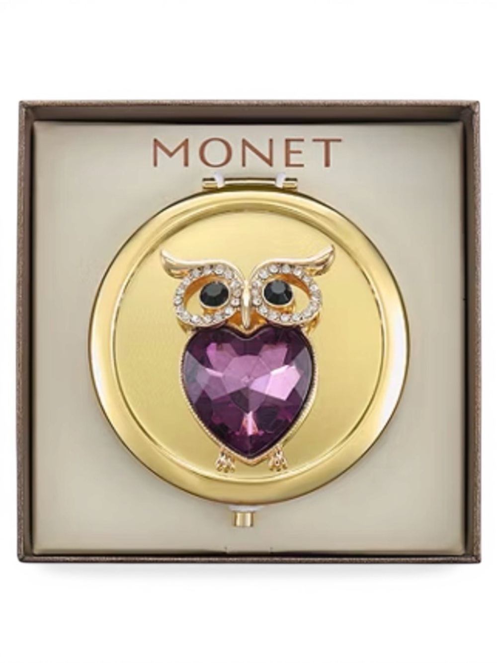 MONET Owl Compact Mirror Gold Tone Rhinestone Purple Crystal Figural New in Box